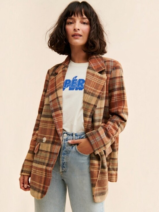 Free People Jackets & Blazers - Free People Mari Plaid Blazer Coat In Winter Wheat L, Autumn Style, Oversized